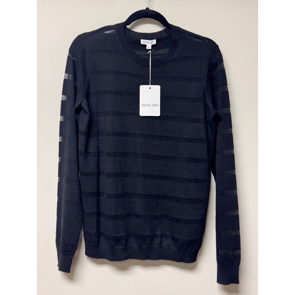 NWT - OLIVIA GREY Black Wool Blend Monochromatic Striped Semi Sheer Sweater